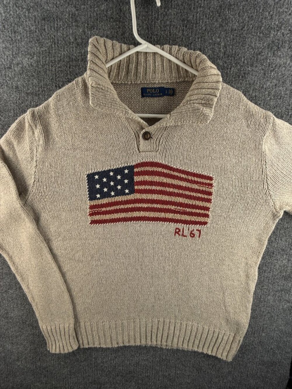 Polo Ralph Lauren Large Button Mock Neck Linen Blend Flag Sweater Knit Pullover